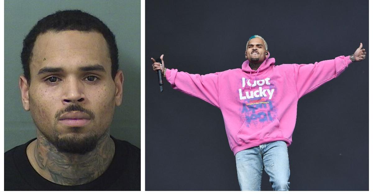 (L-R): Chris Brown mug shot 2018;  Chris Brown performs