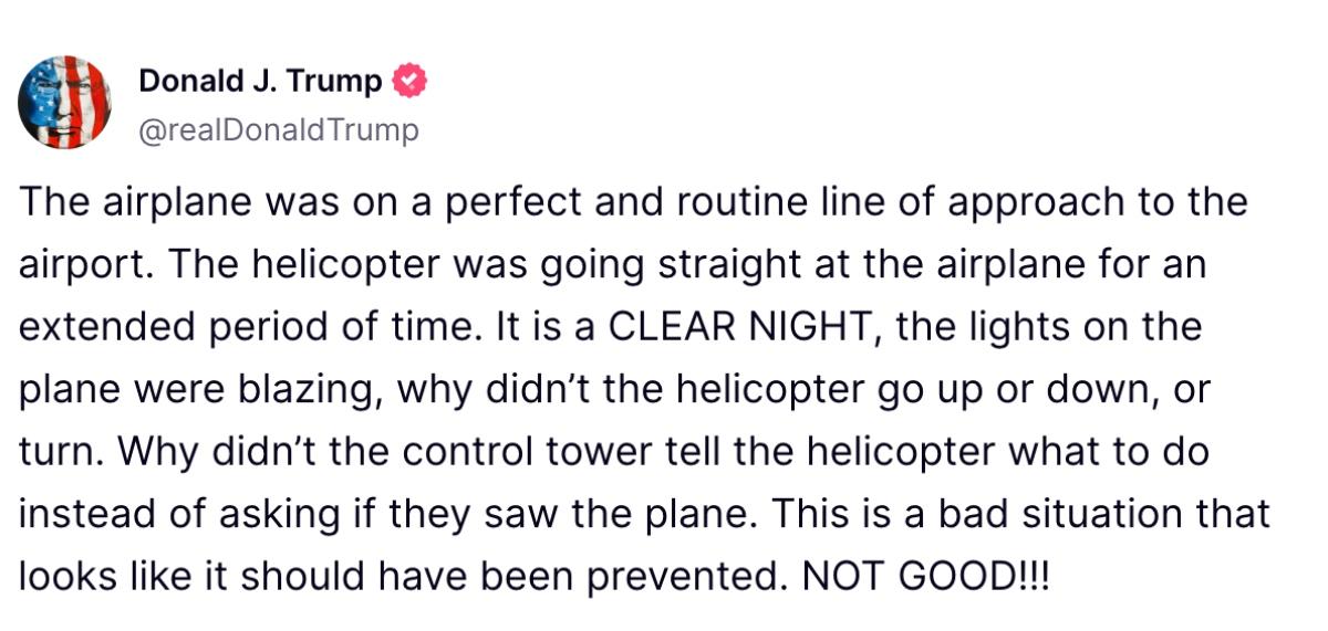 President Donald Trump's post to Truth Social after the D.C. plane crash