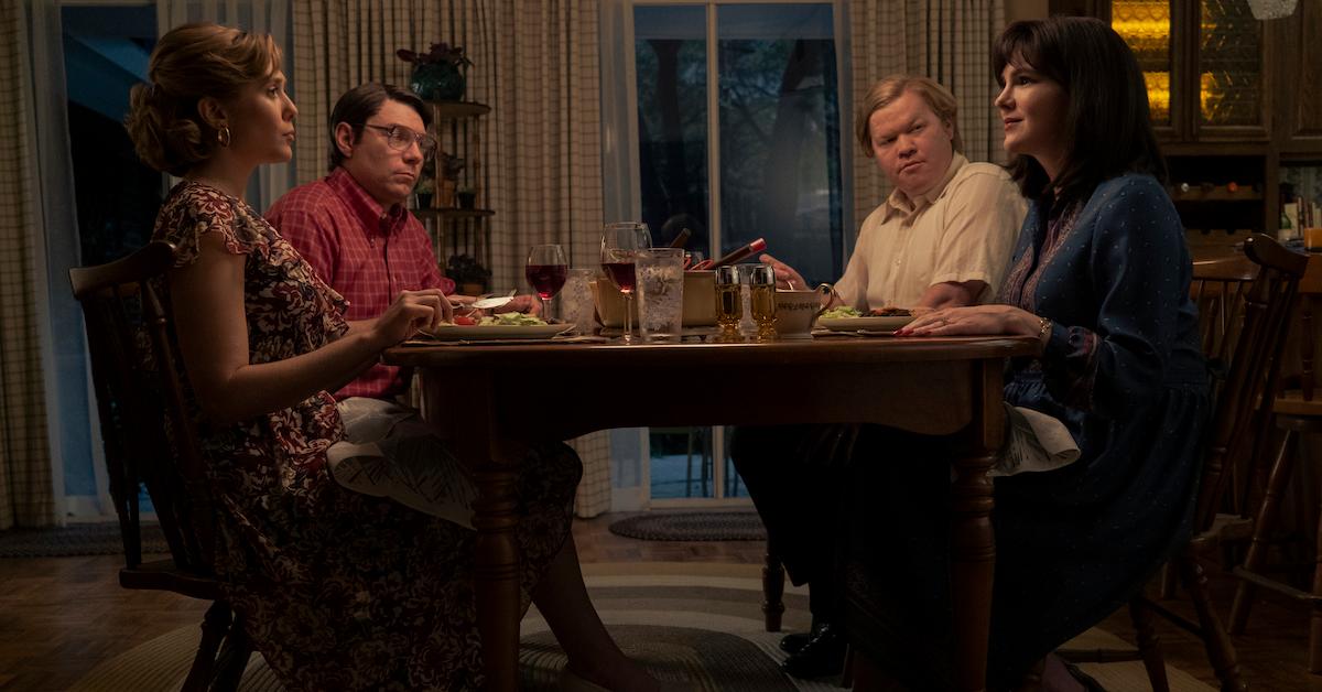 Elizabeth Olsen as Candy Montgomery, Patrick Fugit as Pat Montgomery, Jesse Plemons as Allan Gore, and Lily Rabe as Betty Gore in 'Love & Death'