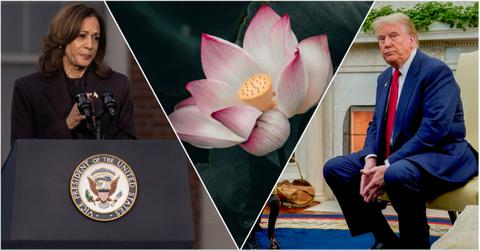 Kamala Harris with Donald Trump and a Lotus flower in the middle