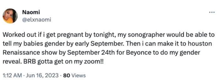 Tweet about Beyonce doing gender reveal.