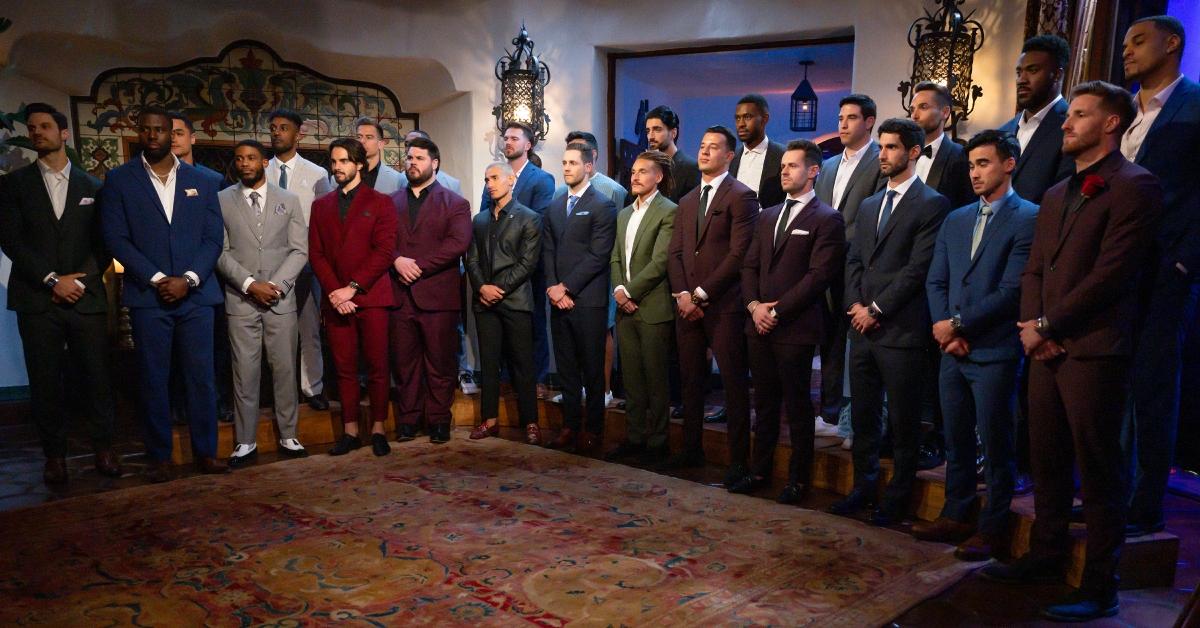 The men of Jenn Tran's season of 'The Bachelorette' stand side-to-side during the first rose ceremony.