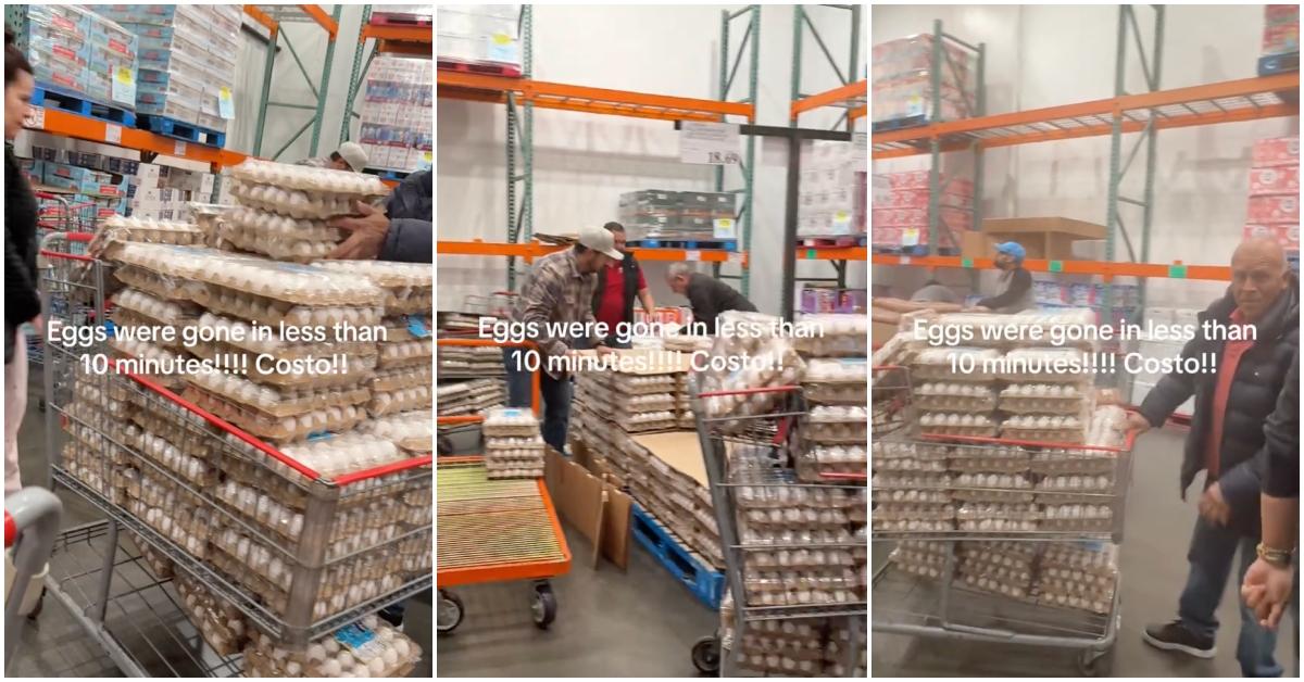 Viral video of Costco shoppers buying all the eggs in under 10 minutes.