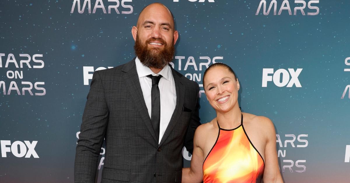 Travis Browne and Ronda Rousey attend FOX's Stars On Mars "The Mars Bar" VIP red carpet press preview at Scum and Villainy Cantina on June 01, 2023 in Hollywood, California. 