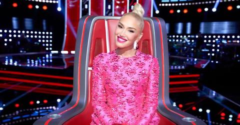 Gwen Stefani wearing a bright pink dress on 'The Voice'.