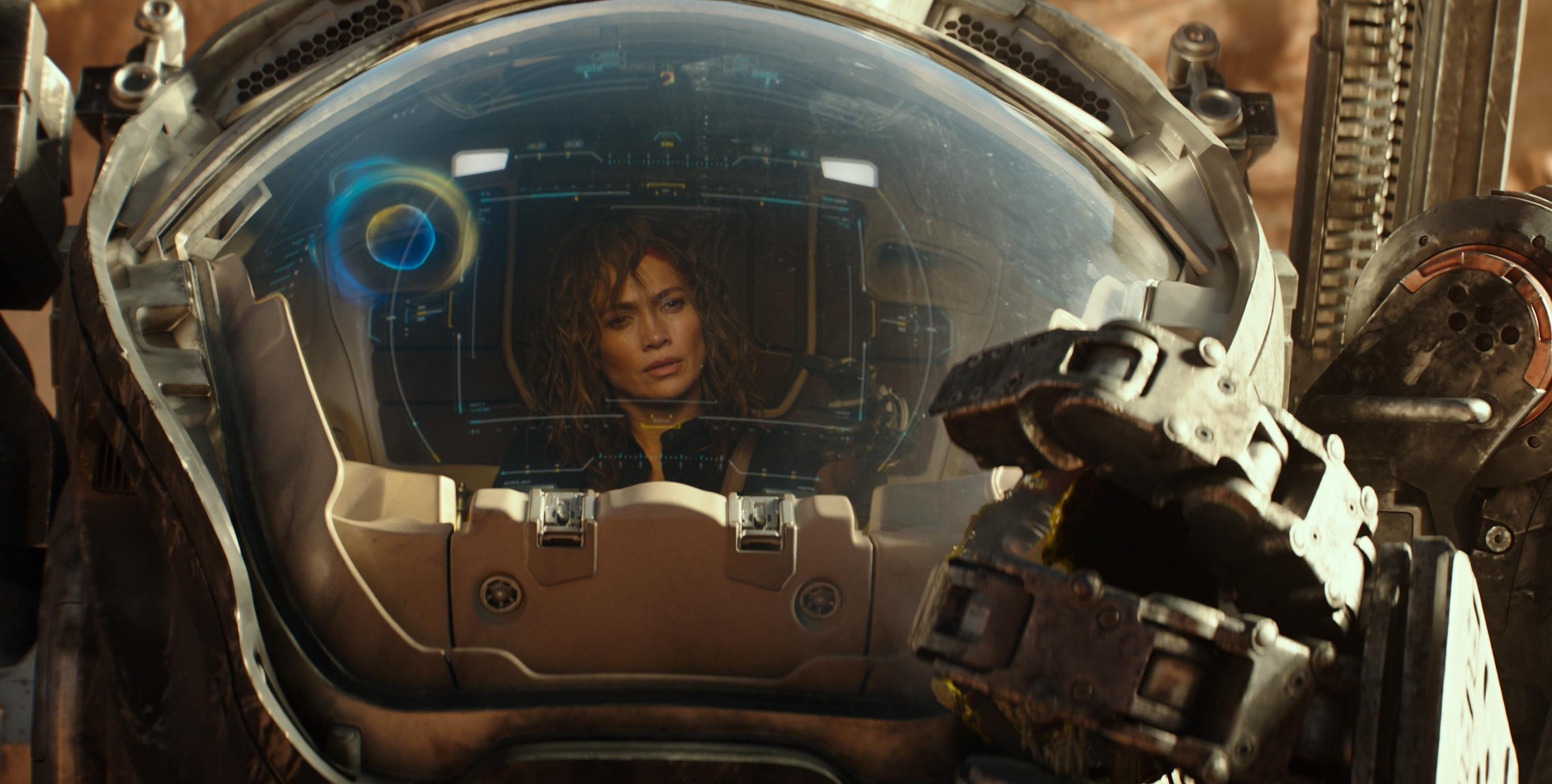 Jennifer Lopez in a mech suit in Atlas