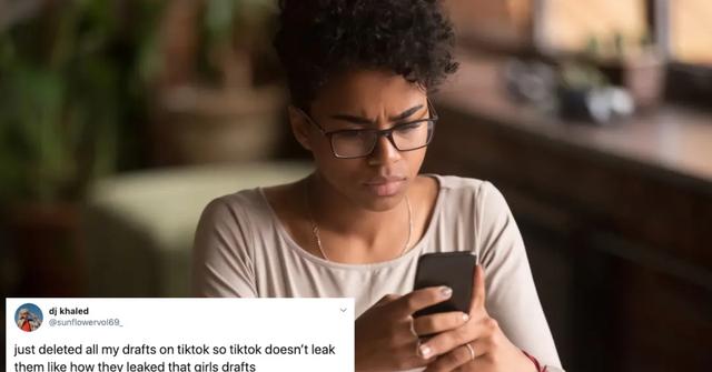 A girl on her phone pictured next to a comment about TikTok leaking drafts.