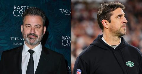 Jimmy Kimmel on the red carpet side by side with Aaron Rodgers in a Jets hoodie.