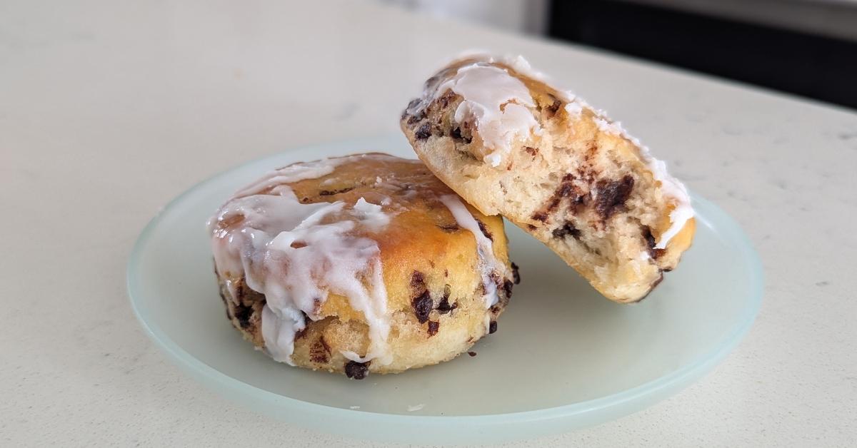 Popeyes Chocolate Chip biscuits with a bite taken out