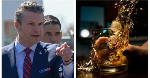 (L-R): Pete Hegseth; glass of whiskey
