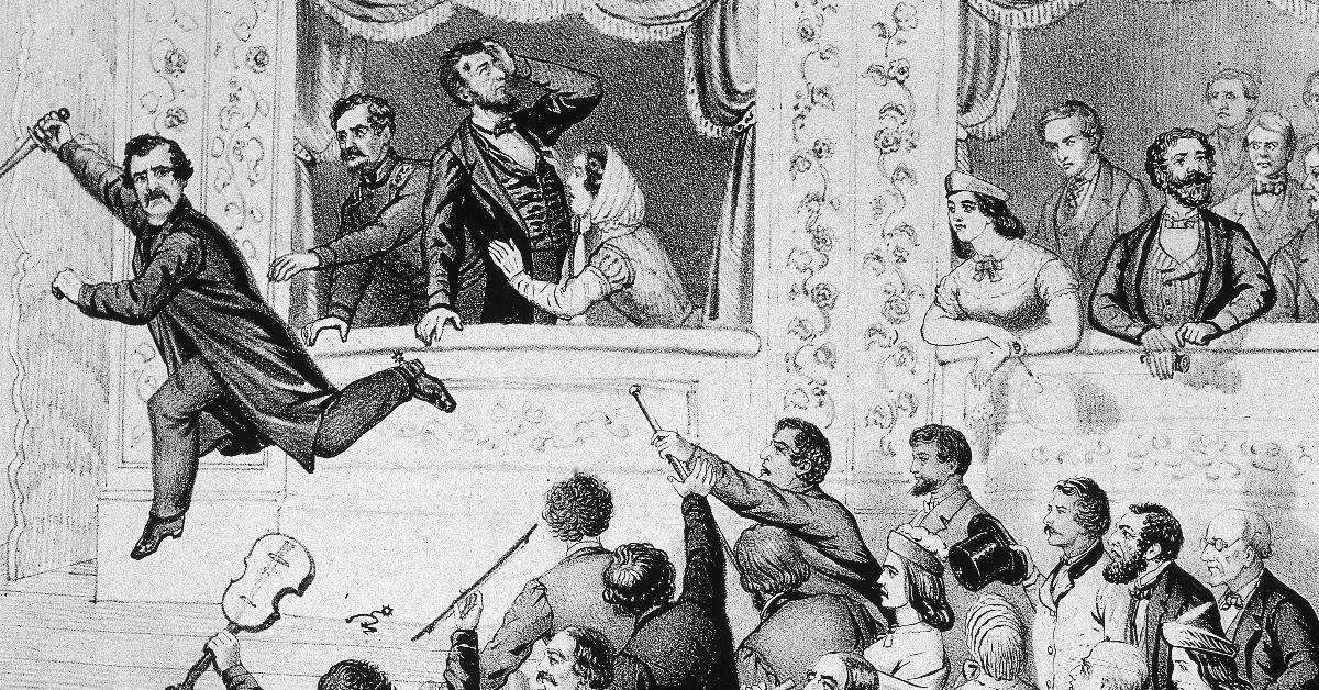 Illustration of assassin John Wilkes Booth running to the stage after shooting Abraham Lincoln 