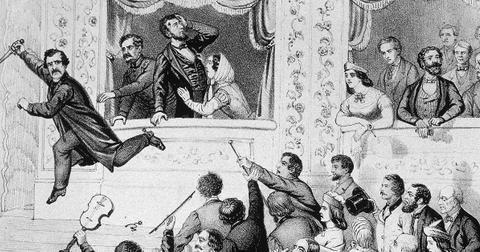 Illustration of assassin John Wilkes Booth running to the stage after shooting Abraham Lincoln