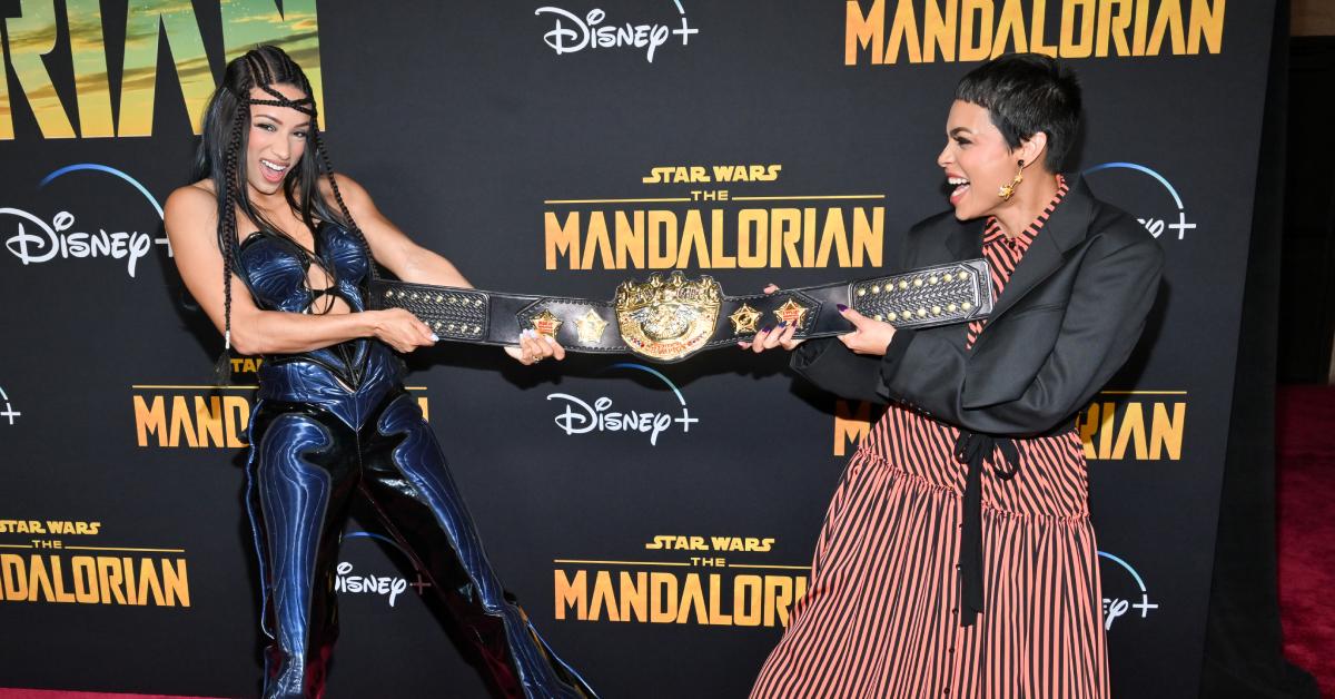 Mercedes Moné and Rosario Dawson on 'The Mandalorian' red carpet in 2023 