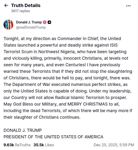 Trump posts on Truth Social on Christmas.