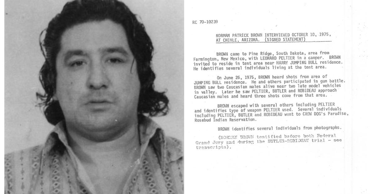 (L-R): Leonard Peltier mug shot; Letter written about the incident at Pine Ridge Indian Reservation