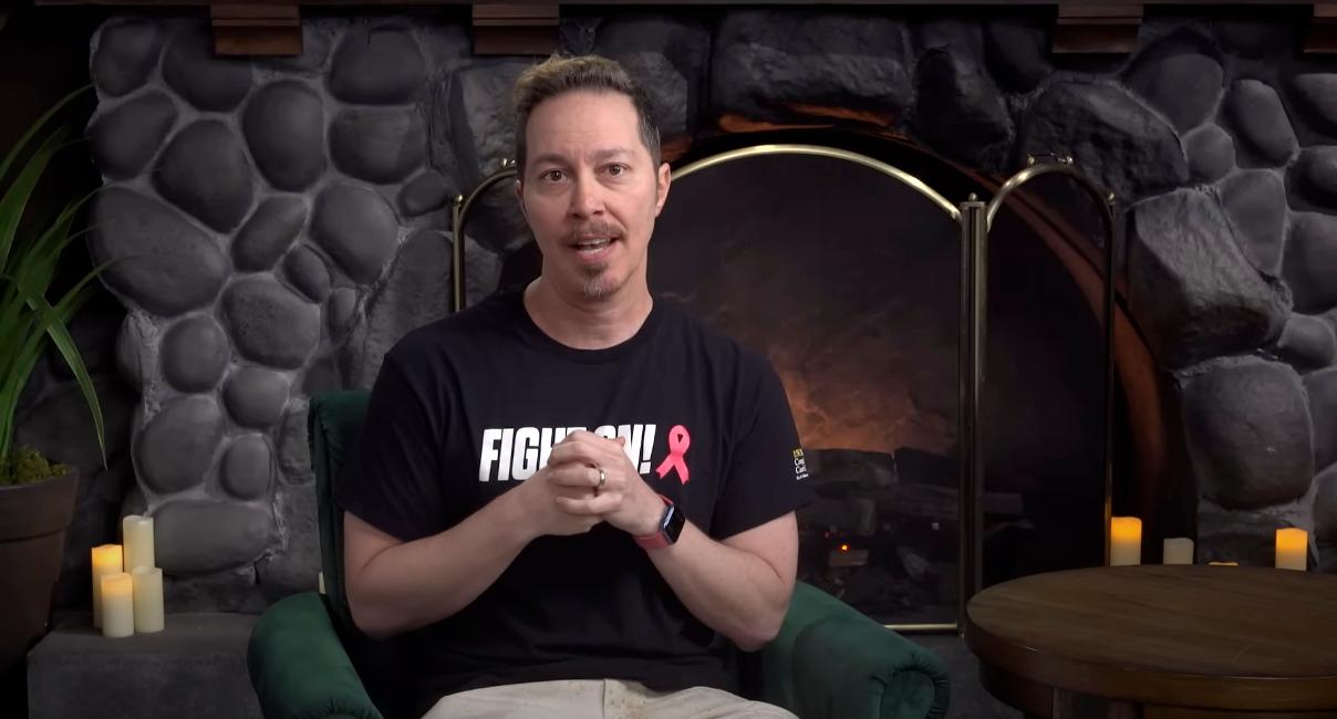 Sam Riegel in the video informing viewers of his cancer diagnosis