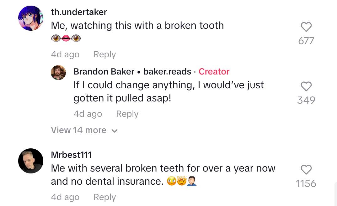 Commenters responding and saying that they have one or more broken teeth