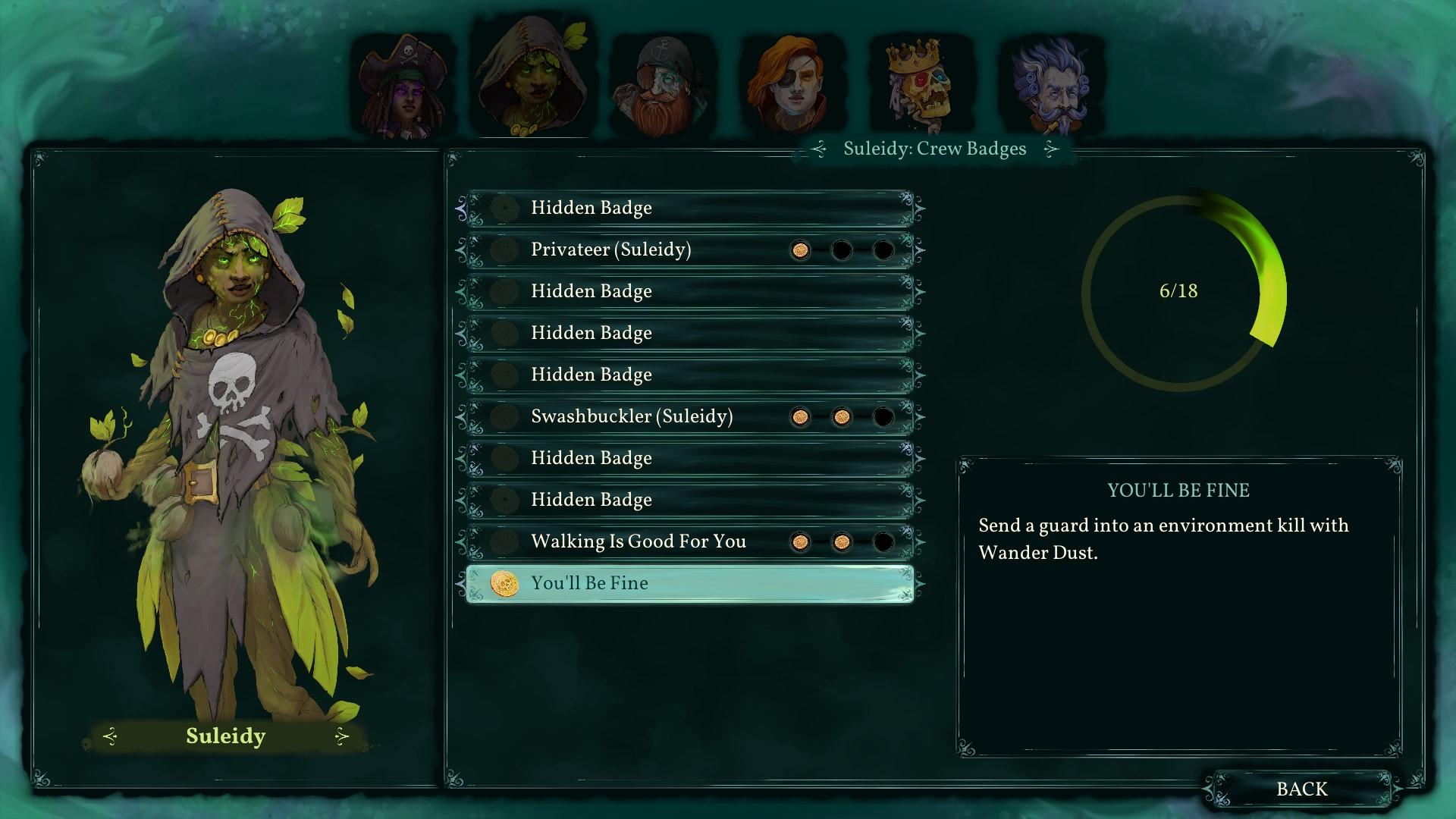 'Shadow Gambit: The Cursed Crew' Screen showing the badges for Suleidy in-game.