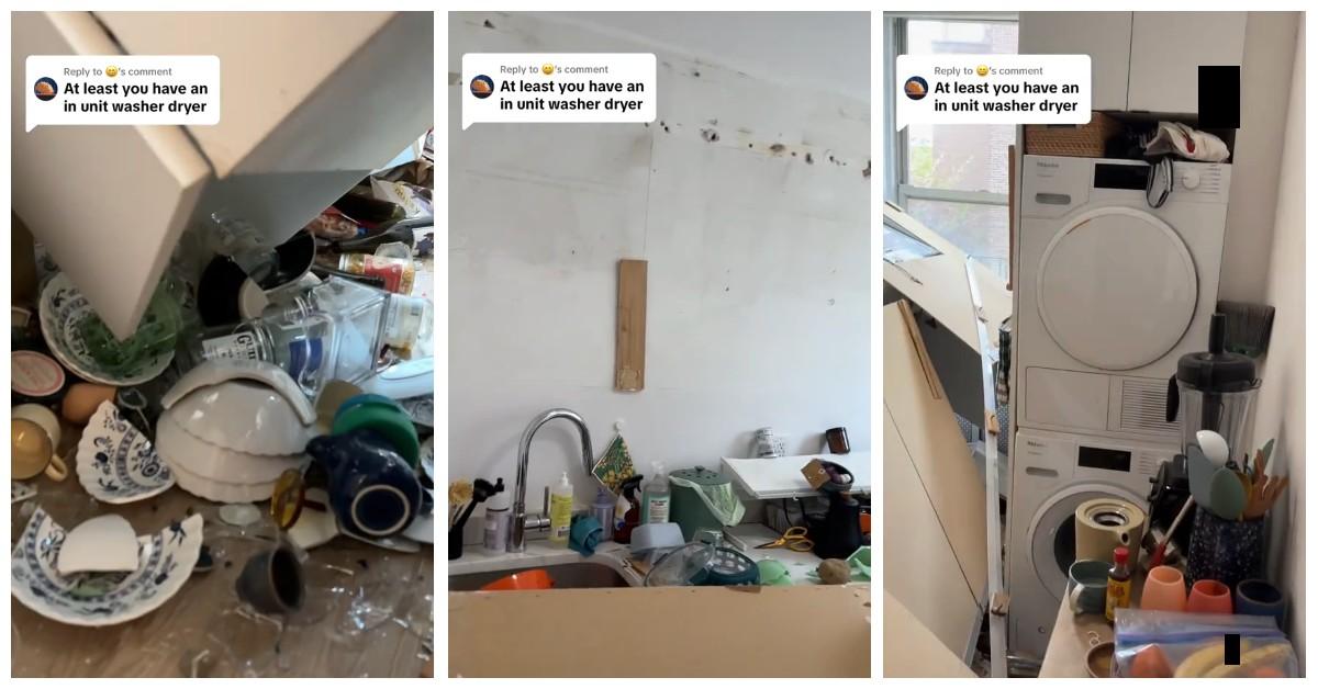 Kitchen cabinet falls in NYC apartment and roommates make light of it