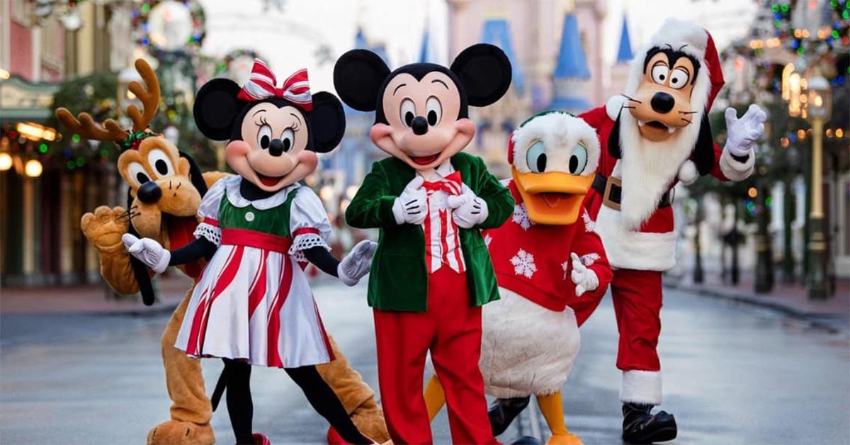 Disney characters in Christmas outfits. 