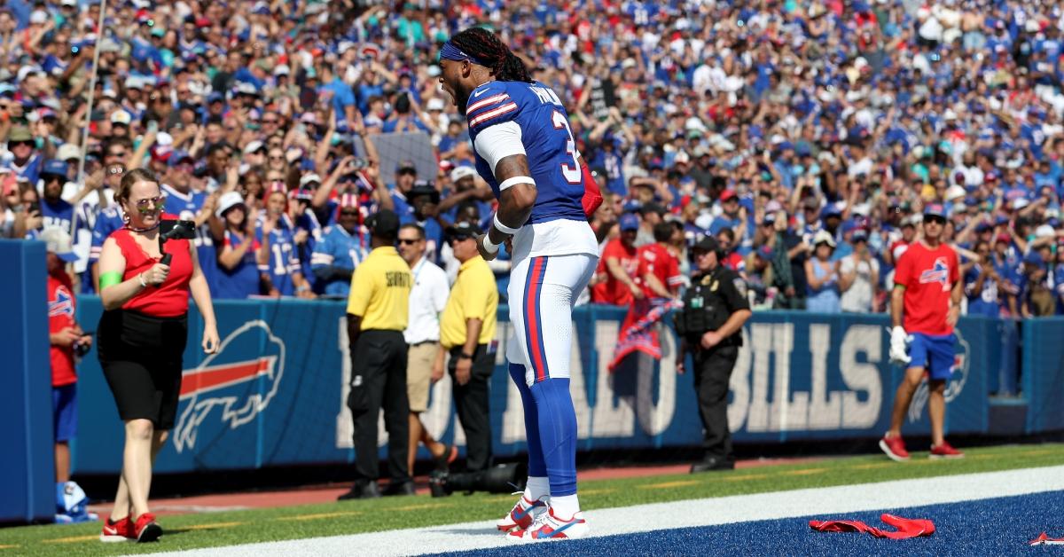 Damar Hamlin celebrates with Bills fans ahead of the Bills-Dolphins game on Oct. 1, 2023.