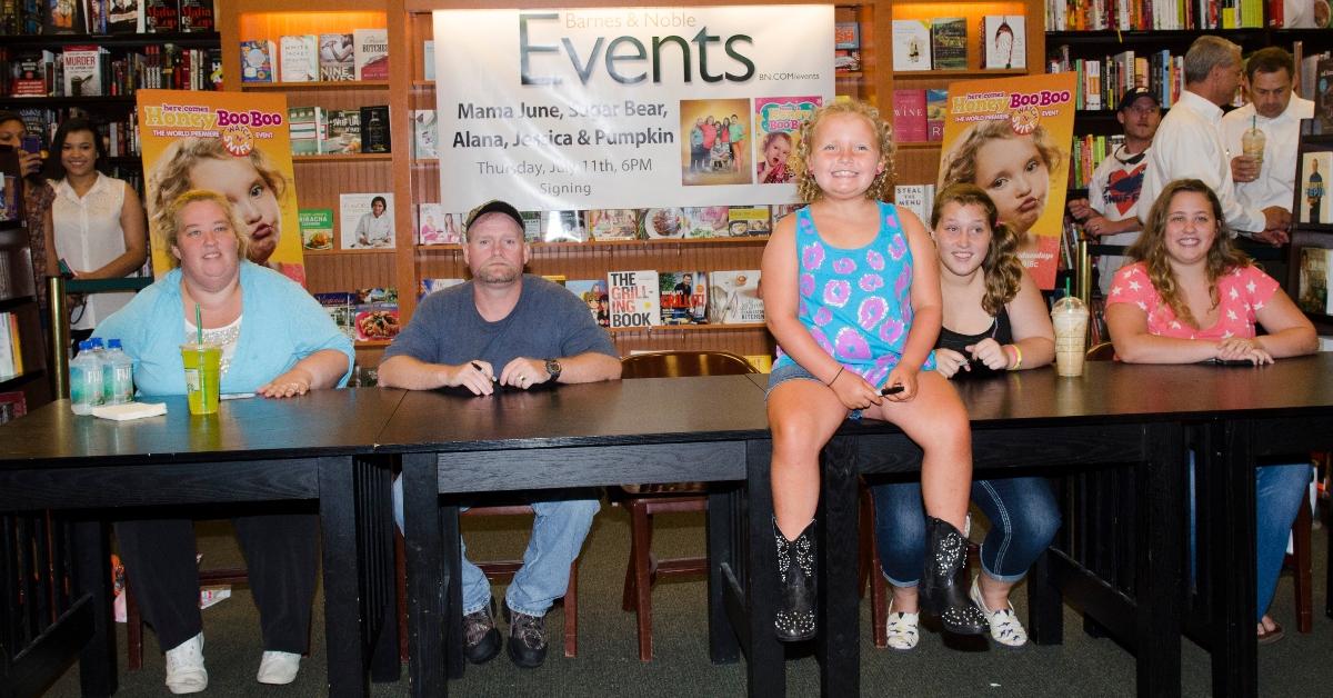  June "Mama" Shannon, Mike "Sugar Bear" Thompson, Alana "Honey Boo Boo" Thompson, Anna "Chickadee" Shannon and Lauryn "Pumpkin" Shannon attend the "How to Honey Boo Boo: The Complete Guide" Book Event at the Barnes and Nobles on July 11, 2013 in Mclean, Virginia. (Photo by Kris Connor/Getty Images)