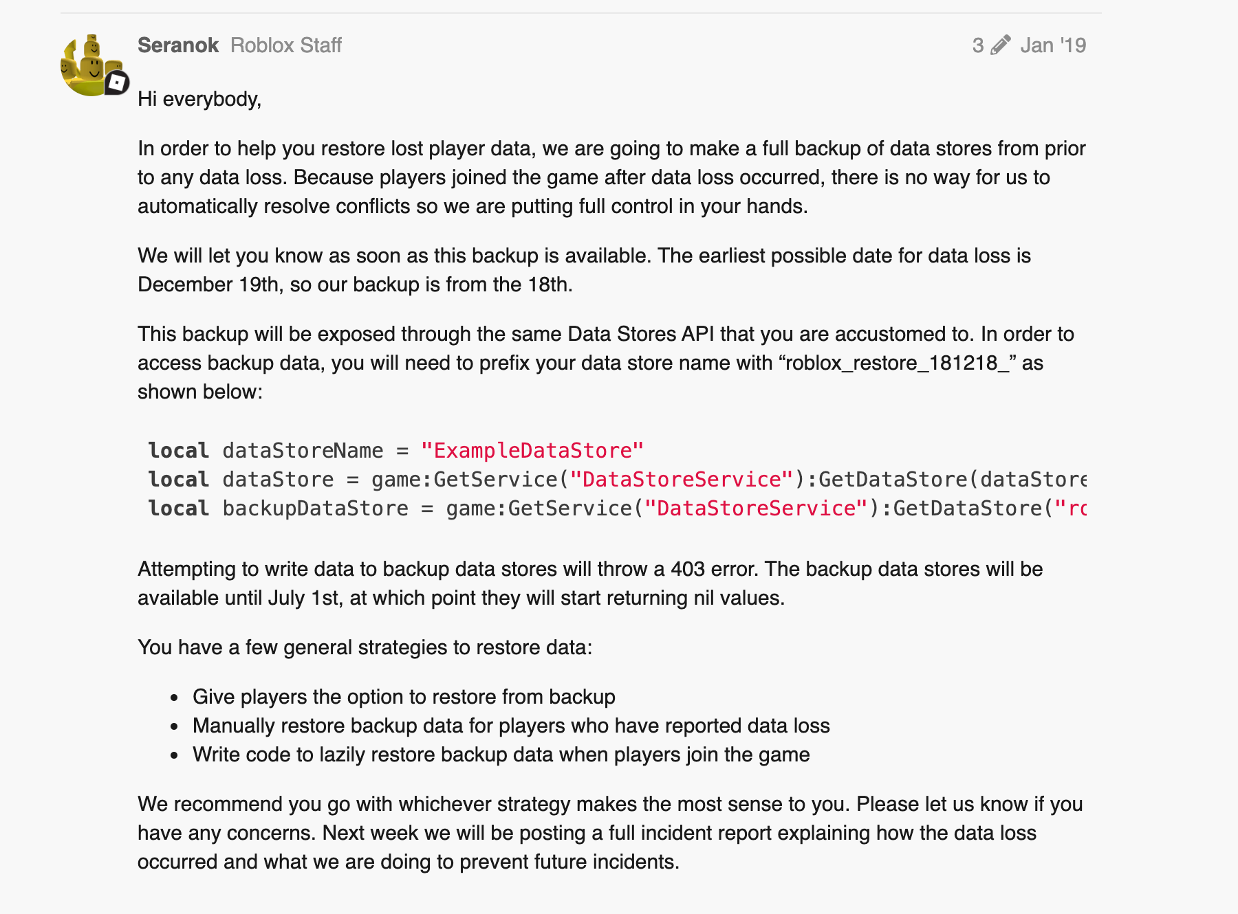 How would you recover player data from Roblox Downtime / Maintenance issues  - Game Design Support - Developer Forum