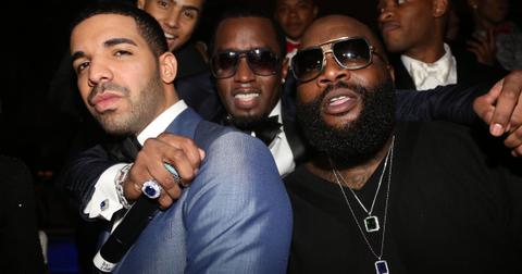 (L-R) Drake, Sean 'Diddy' Combs,' and Rick Ross attend Sean Diddy Combs Ciroc The New Years Eve Party at his home on Dec. 31, 2013 in Miami Beach, Fla.