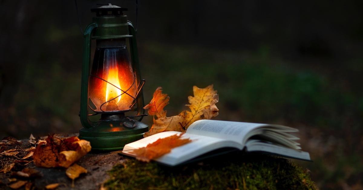 Lit lantern in the fall next to a book on a log.