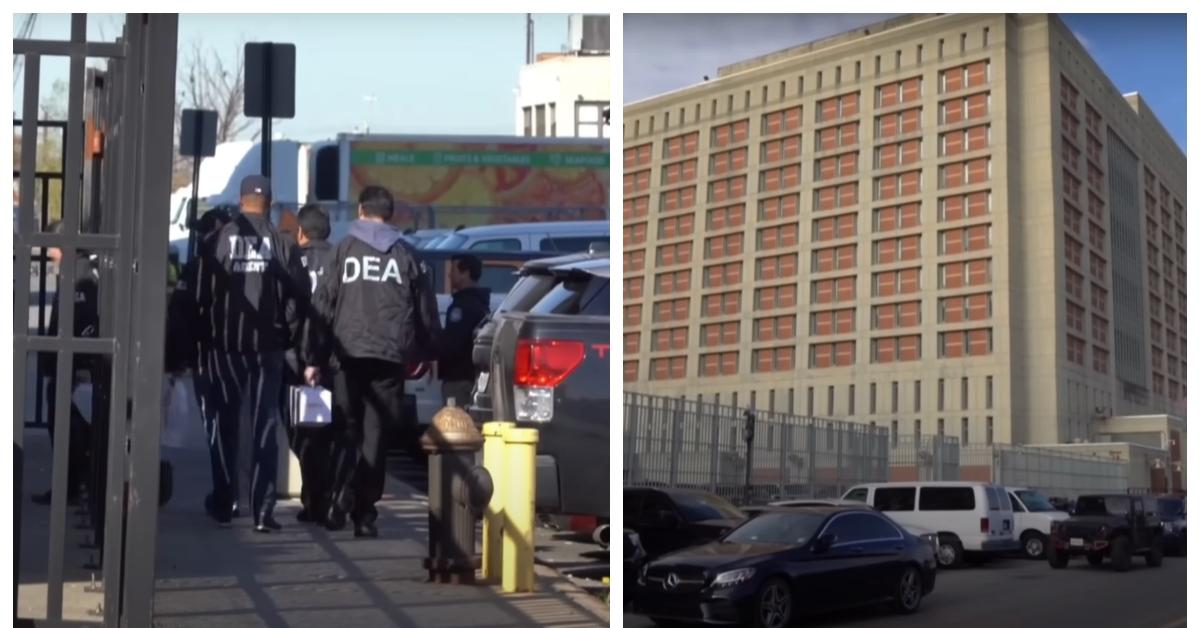 (L-R): DEA agents walk into Metropolitan Detention Center in Brooklyn; outside shot of Metropolitan Detention Center