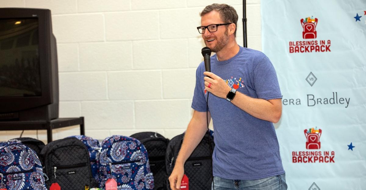 Dale Earnhardt Jr. surprises students for the Vera Bradley x Blessings In A Backpack Event at Shepherd Elementary 