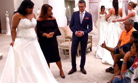 A bride-to-be trying on wedding dresses in front of her family on 'Say Yes to the Dress'.