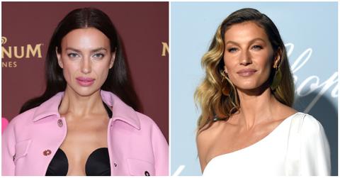 rina Shayk at Magnum Beach Cannes Party to celebrate the launch of #Pleasureisalwayson Campaign on May 22, 2023 in Cannes, France; Gisele Bündchen attends the 2019 Hollywood For Science Gala at Private Residence on February 21, 2019 in Los Angeles, California.