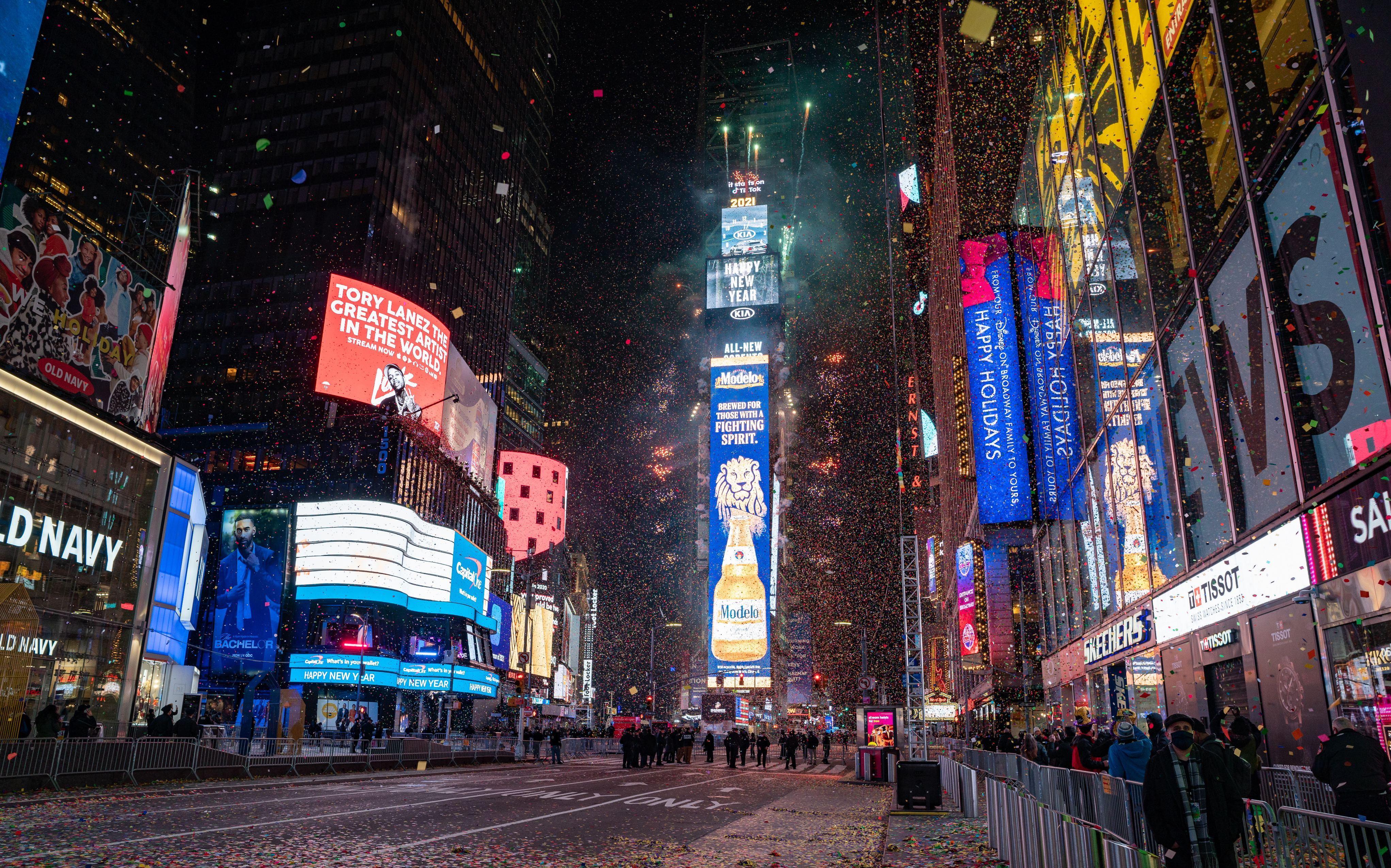 The New Year's Eve ball drops in Times Square.