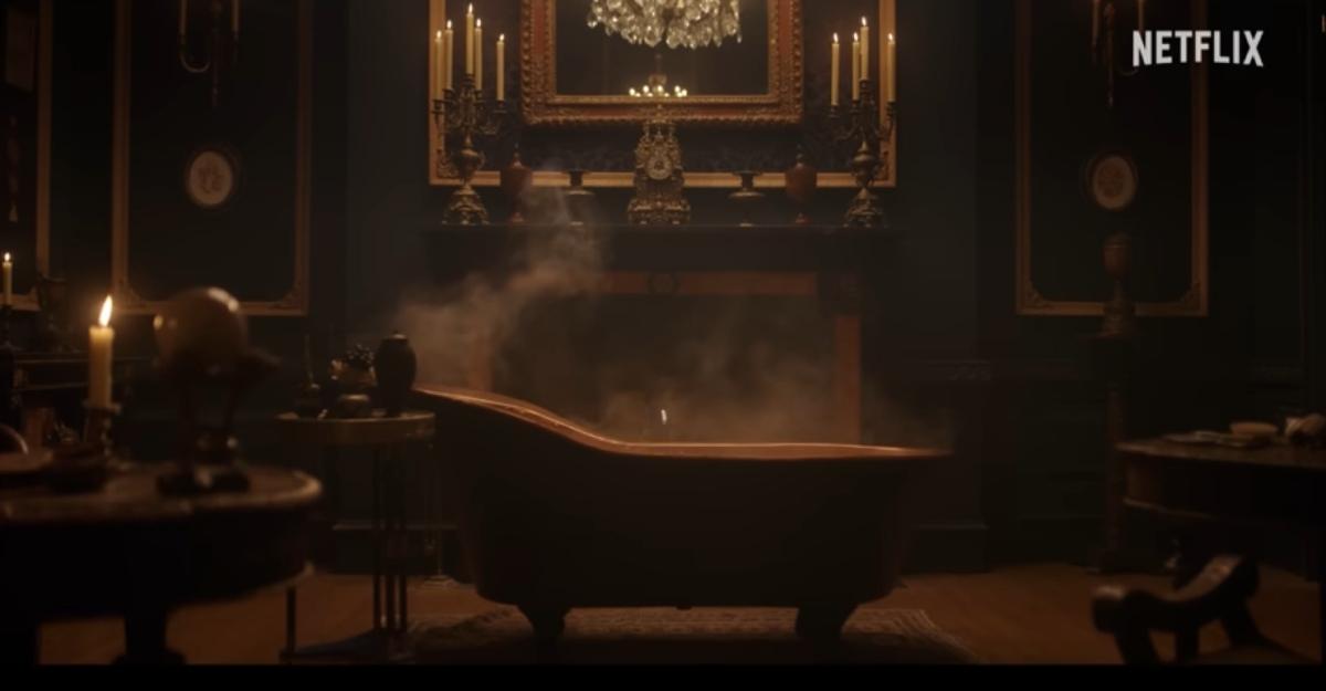 In a Bridgerton Season 4 teaser trailer, a steaming bathtub sits in front of a fireplace.