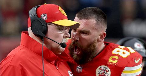 Travis Kelce yelling at Andy Reid during the Super Bowl.