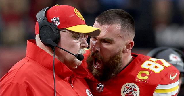 Travis Kelce yelling at Andy Reid during the Super Bowl.
