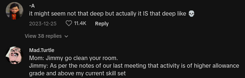 Comments on viral video of mom explaining that her baby's bouncer toy is like a baby's first cubicle.