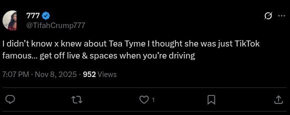 An X post about Tea Tyme’s accident.