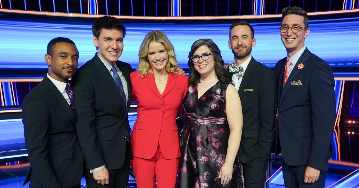 (L-R) Brandon Blackwell, James Holzhauer, host Sara Haines, Victoria Groce, Brad Rutter, and Buzzy Cohen