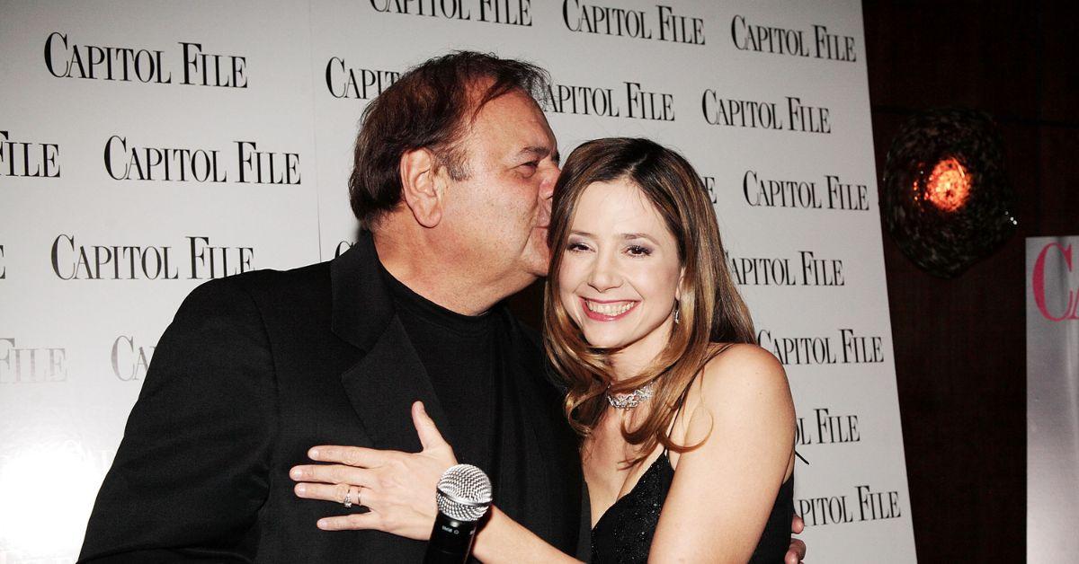 (l-r): Paul Sorvino and Mira Sorvino embracing at a red carpet event.