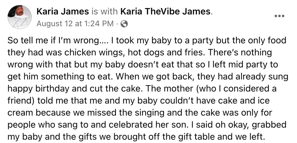 Woman tells the story of how she and her son were denied ice cream and cake at a birthday party.