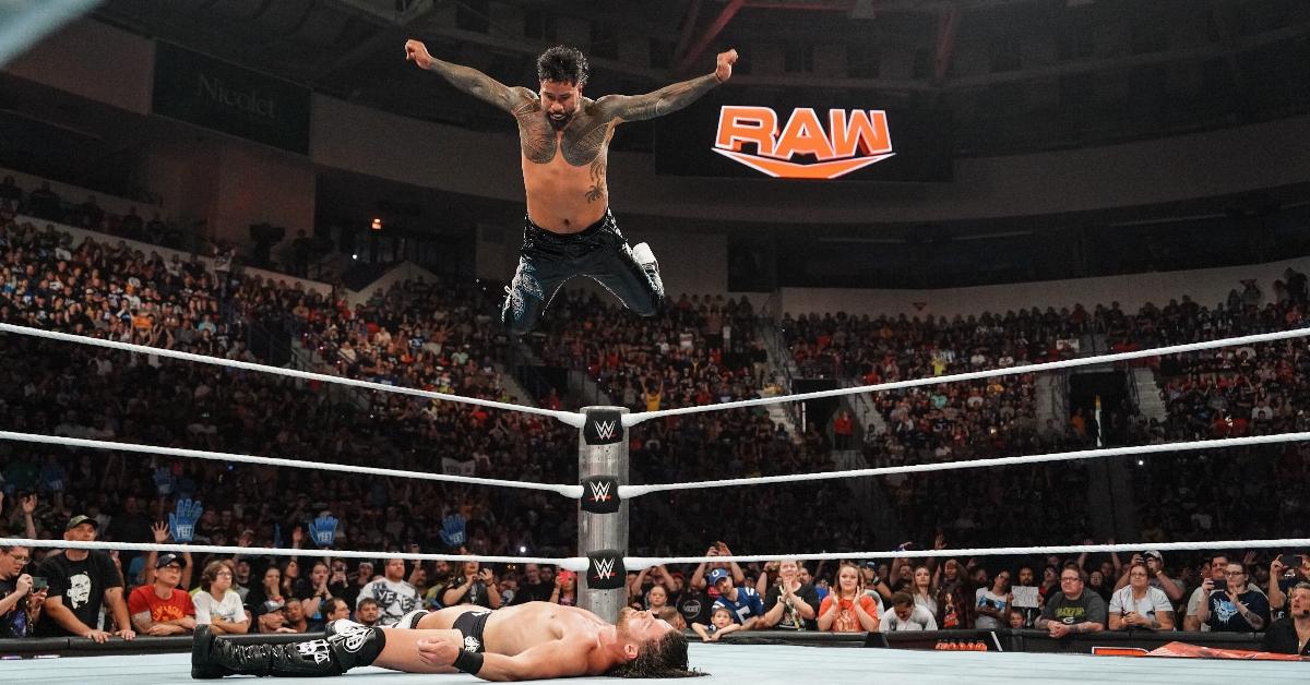 ey Uso in the air against JD McDonagh during Monday Night RAW at Resch Center on July 22, 2024 in Green Bay, Wisconsin. (Photo by WWE/Getty Images)