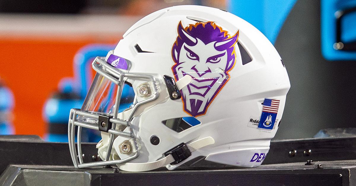 Northwestern State helmet on the sideline in 2019. 