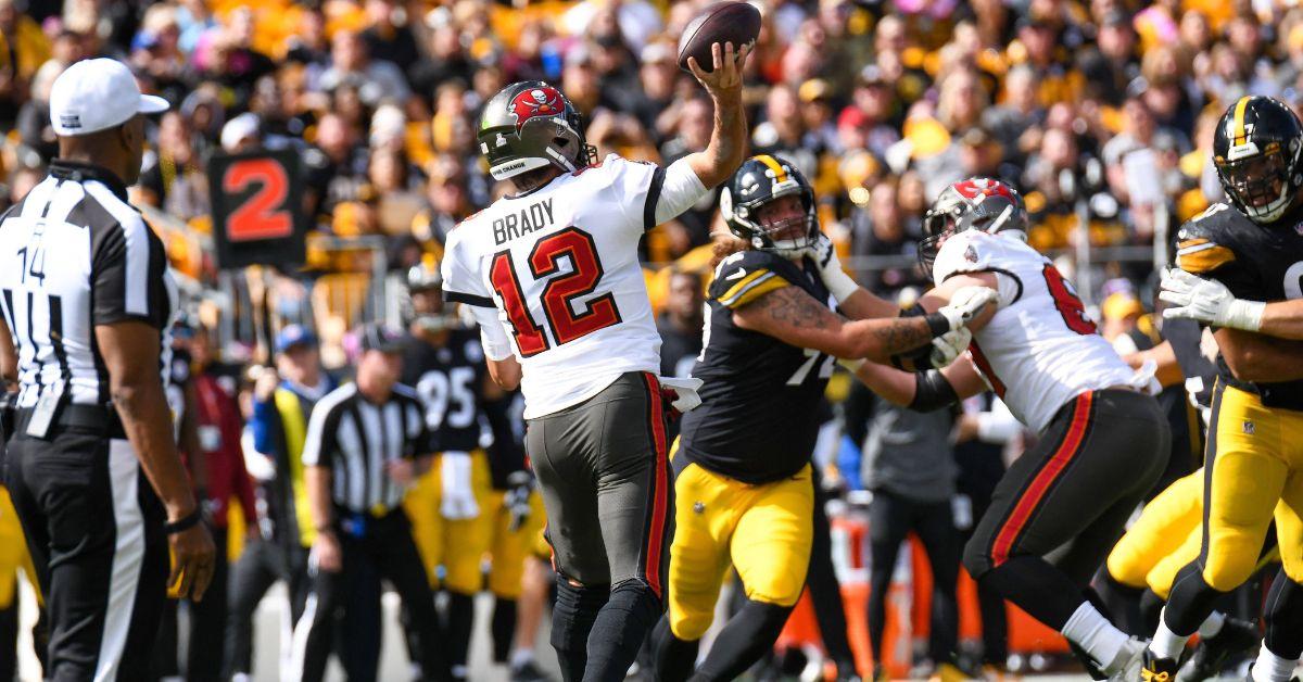 Tom Brady playing for the Buccaneers against the Steelers in 2022. 