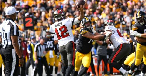 Tom Brady playing for the Buccaneers against the Steelers in 2022.