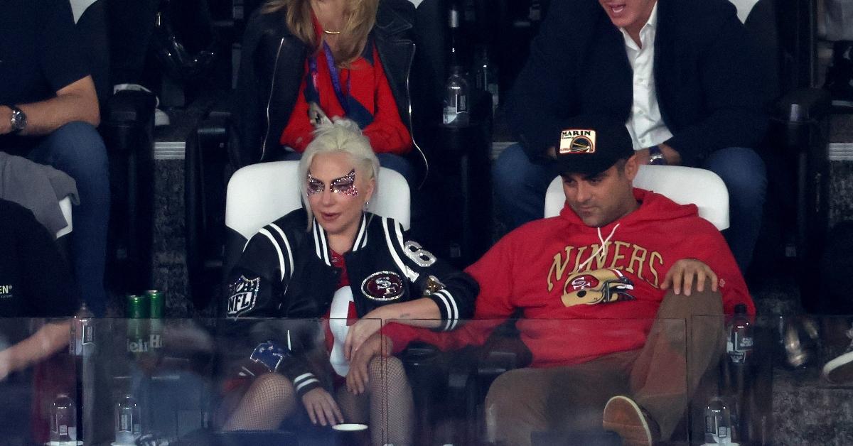  Lady Gaga with boyfriend Michael Polansky look on in the third quarter during Super Bowl LVIII between the San Francisco 49ers nad Kansas City Chiefs at Allegiant Stadium on February 11, 2024 in Las Vegas, Nevada. (Photo by Rob Carr/Getty Images)