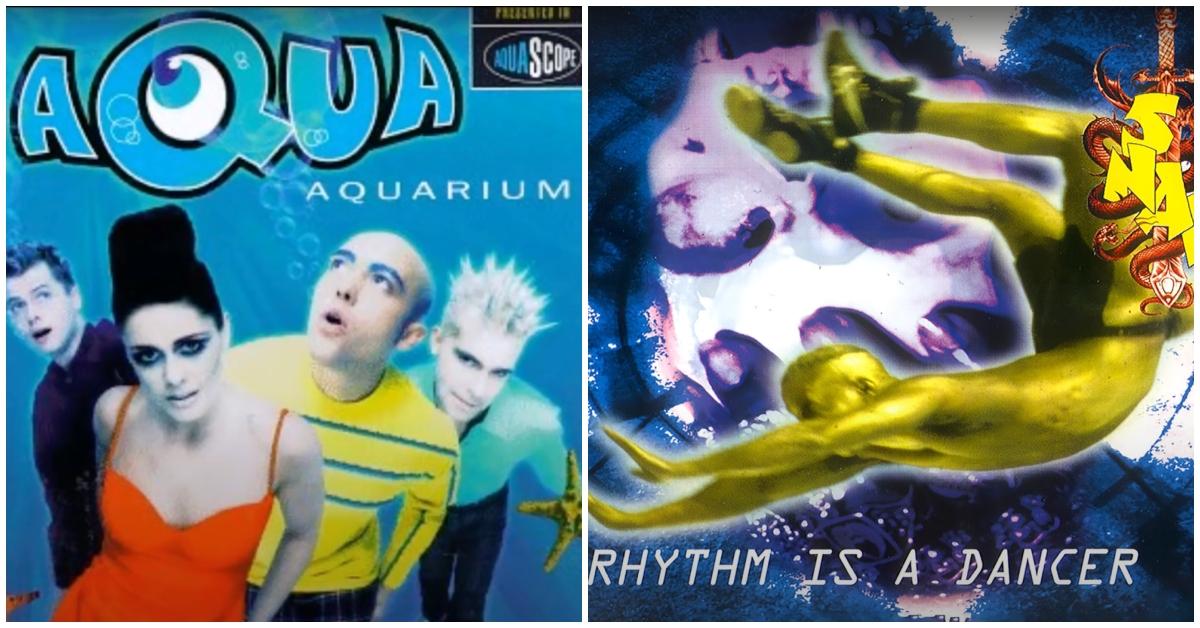 Danish band Aqua's 1997 debut studio album 'Aquarium' (left), and Snap!'s 1992 artwork for single 'Rhythm Is a Dancer' (right) 