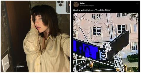 billie eilish selfie, photo of man holding free billie eilish sign