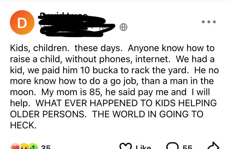 “Boomer” Shocked Kid Won’t Do His Yard Work for Free